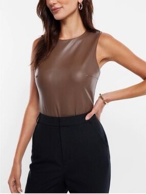 Express Faux-Leather Sleeveless Bodysuit in Brown